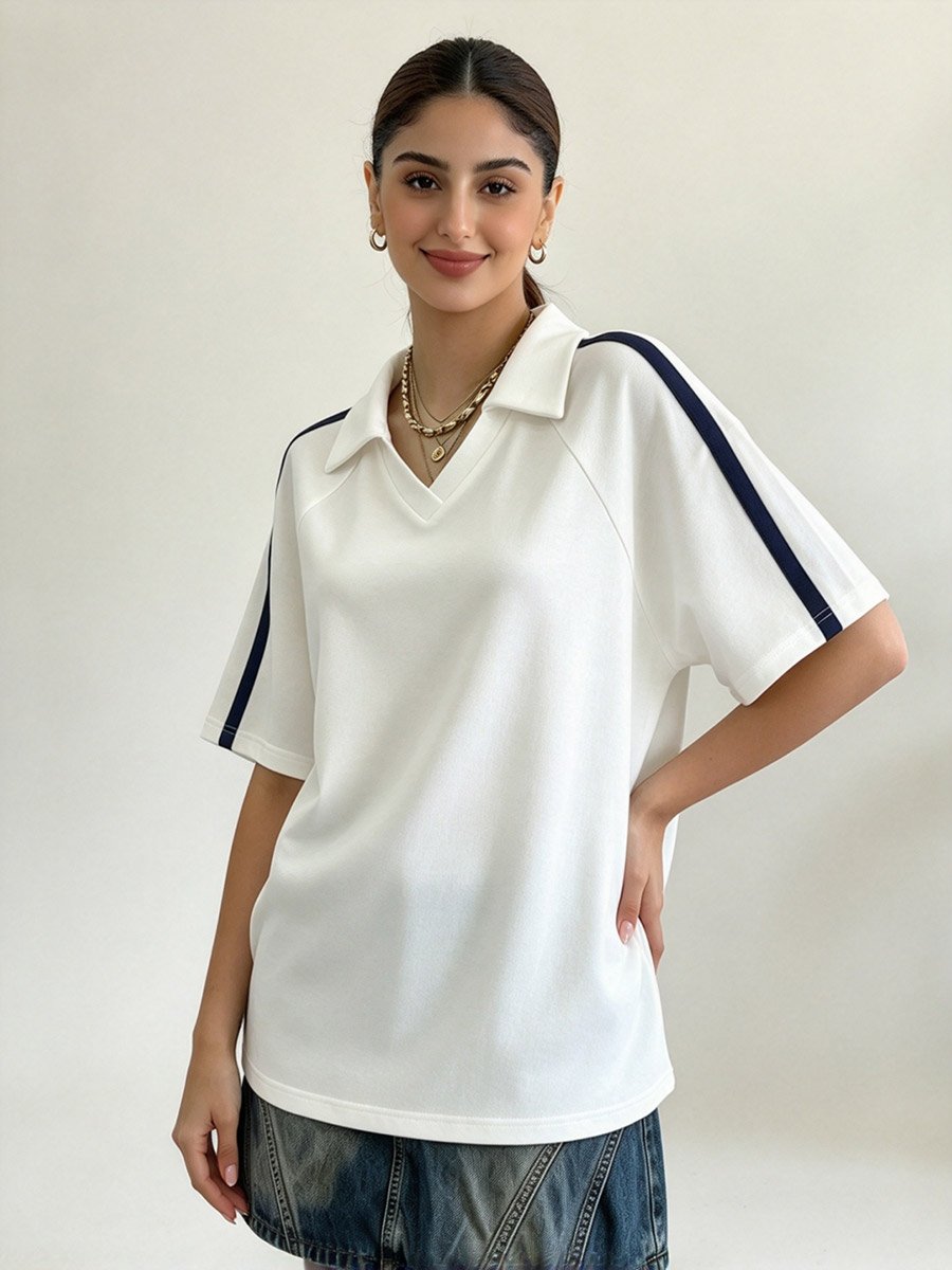 White Collared Polo T‑Shirt Women V‑Neck Short‑Sleeve Raglan Navy Side Stripe Loose‑Fit Casual Preppy Summer Top
