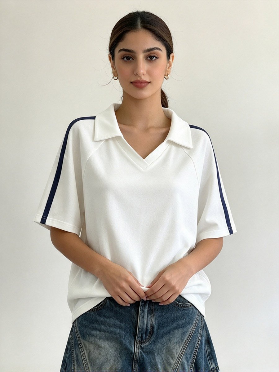 White Collared Polo T‑Shirt Women V‑Neck Short‑Sleeve Raglan Navy Side Stripe Loose‑Fit Casual Preppy Summer Top