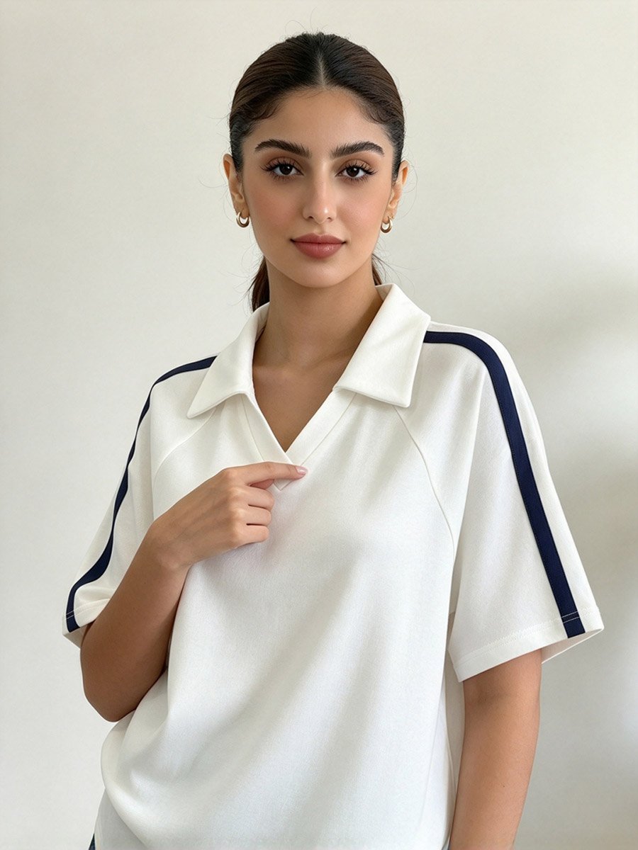 White Collared Polo T‑Shirt Women V‑Neck Short‑Sleeve Raglan Navy Side Stripe Loose‑Fit Casual Preppy Summer Top