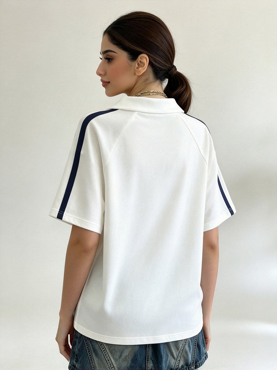 White Collared Polo T‑Shirt Women V‑Neck Short‑Sleeve Raglan Navy Side Stripe Loose‑Fit Casual Preppy Summer Top