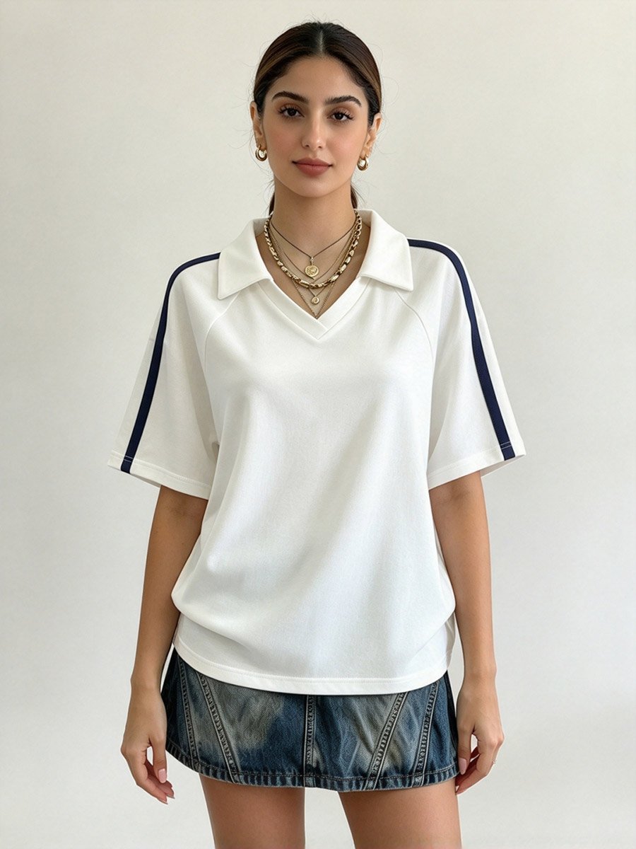 White Collared Polo T‑Shirt Women V‑Neck Short‑Sleeve Raglan Navy Side Stripe Loose‑Fit Casual Preppy Summer Top