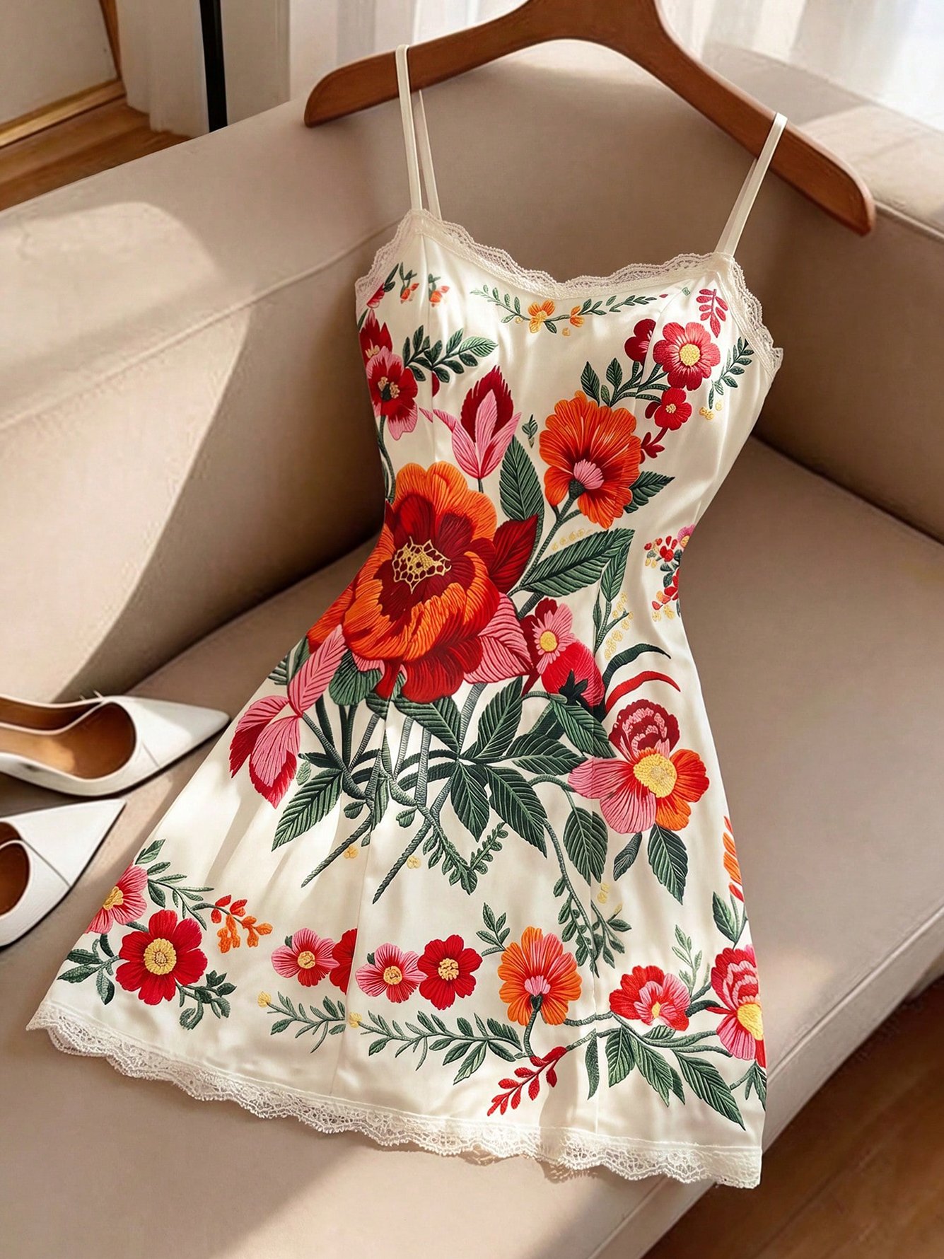 Floral Fit and Flare Mini Dress with Lace Trim