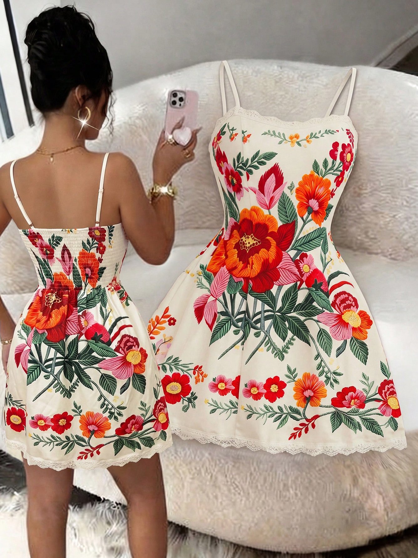 Floral Fit and Flare Mini Dress with Lace Trim