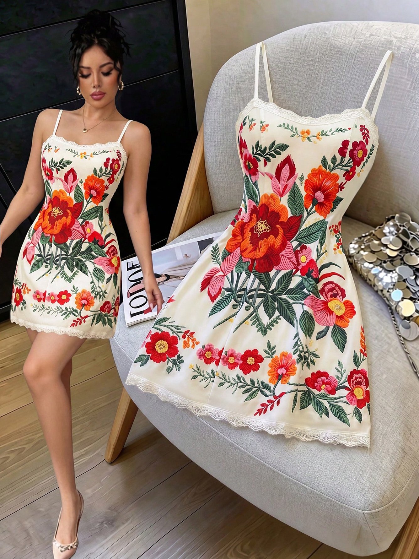Floral Fit and Flare Mini Dress with Lace Trim