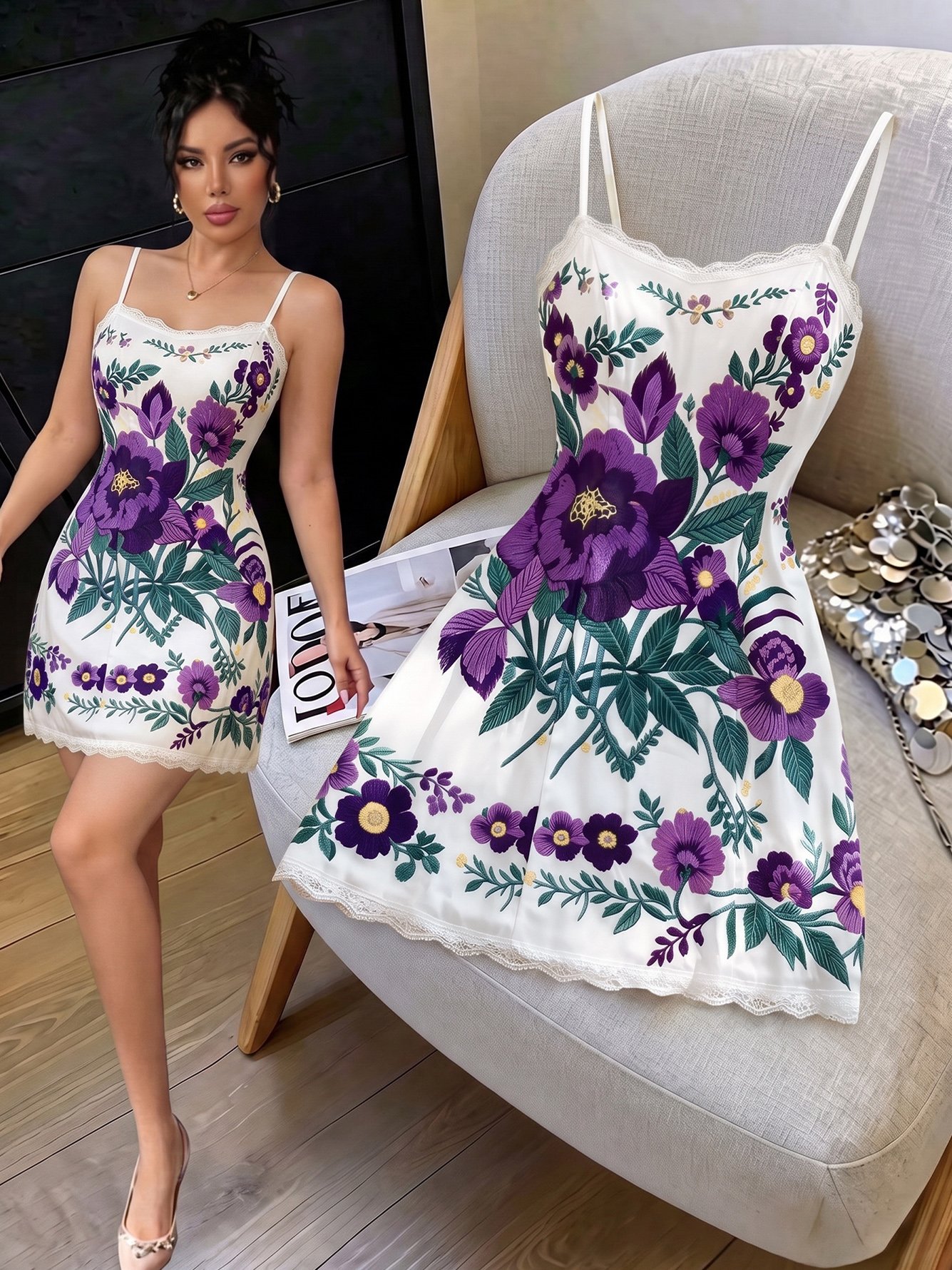 Purple Floral Fit and Flare Maxi Dress