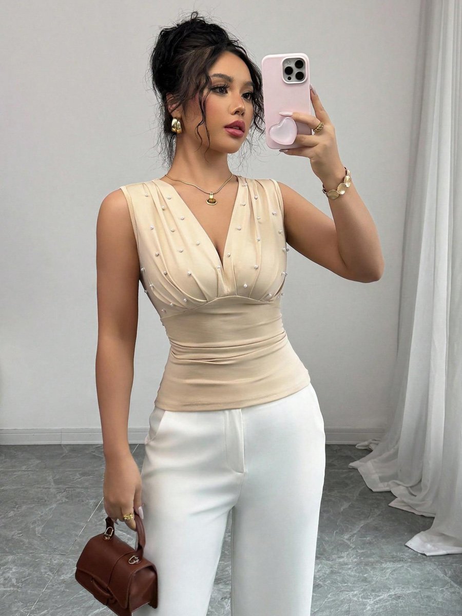 Beige Sleeveless Pearl V Neck Top