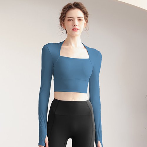 Medium Blue Long Sleeve Cropped Activewear Top