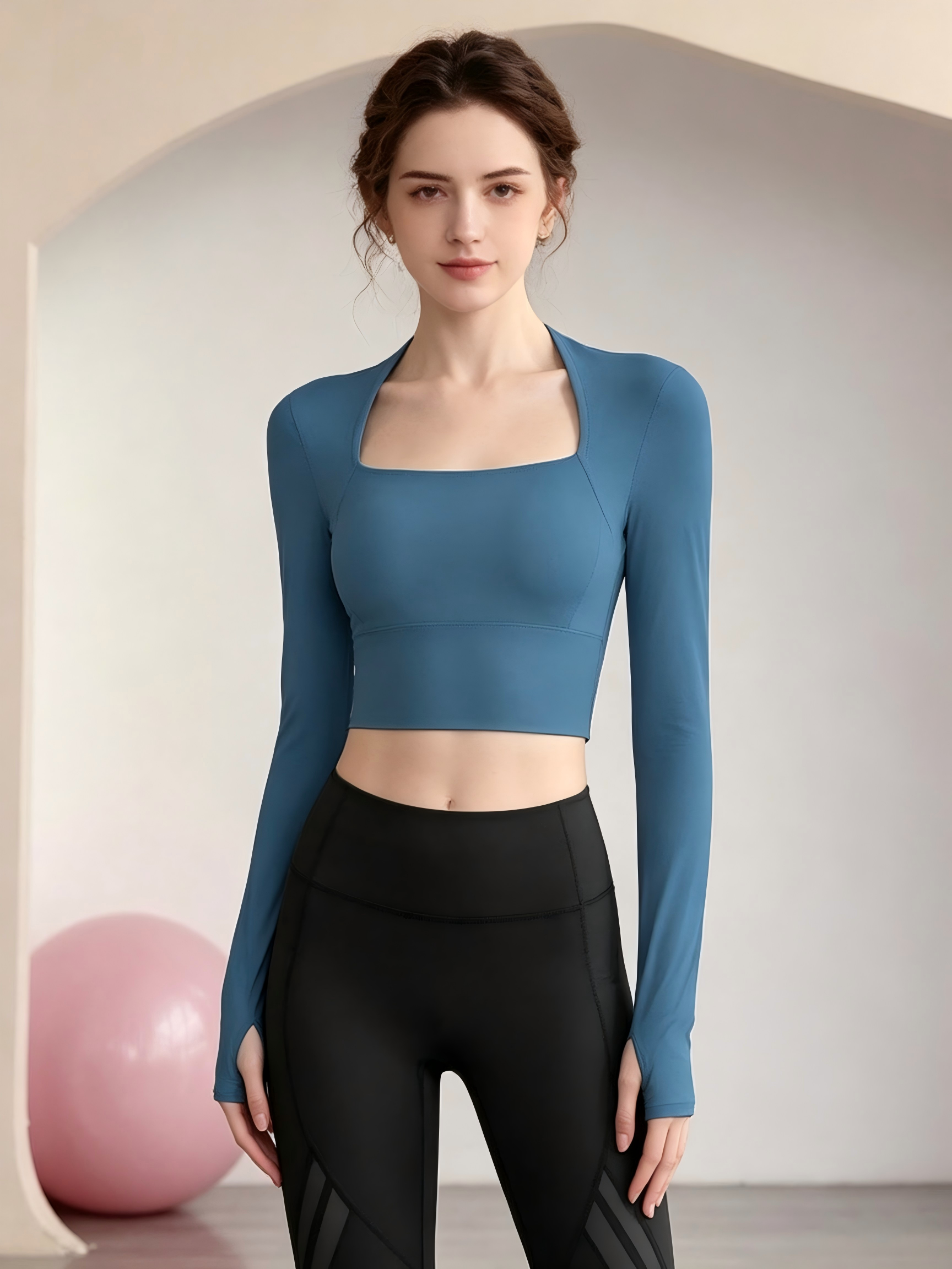 Medium Blue Long Sleeve Cropped Activewear Top