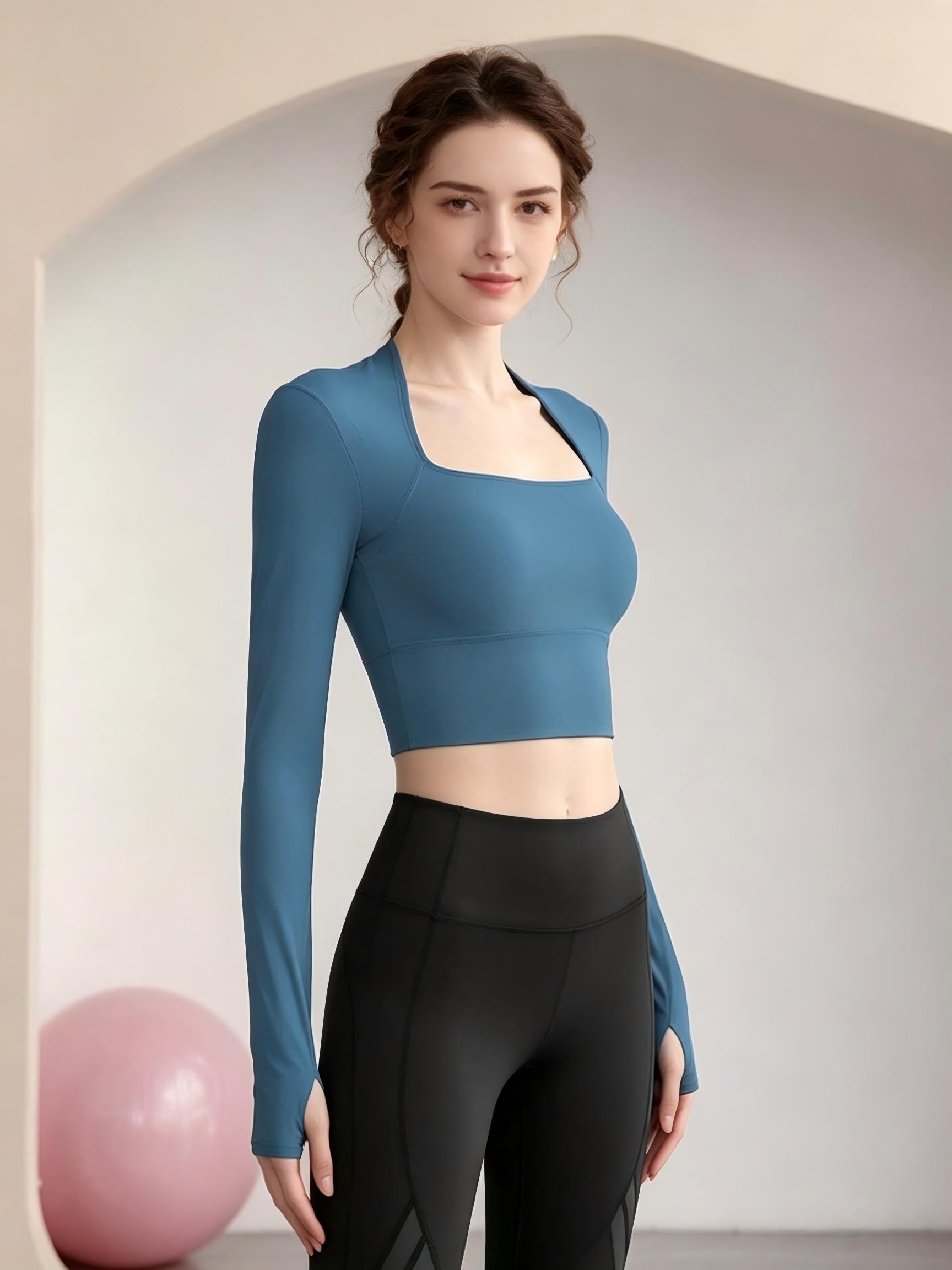 Medium Blue Long Sleeve Cropped Activewear Top