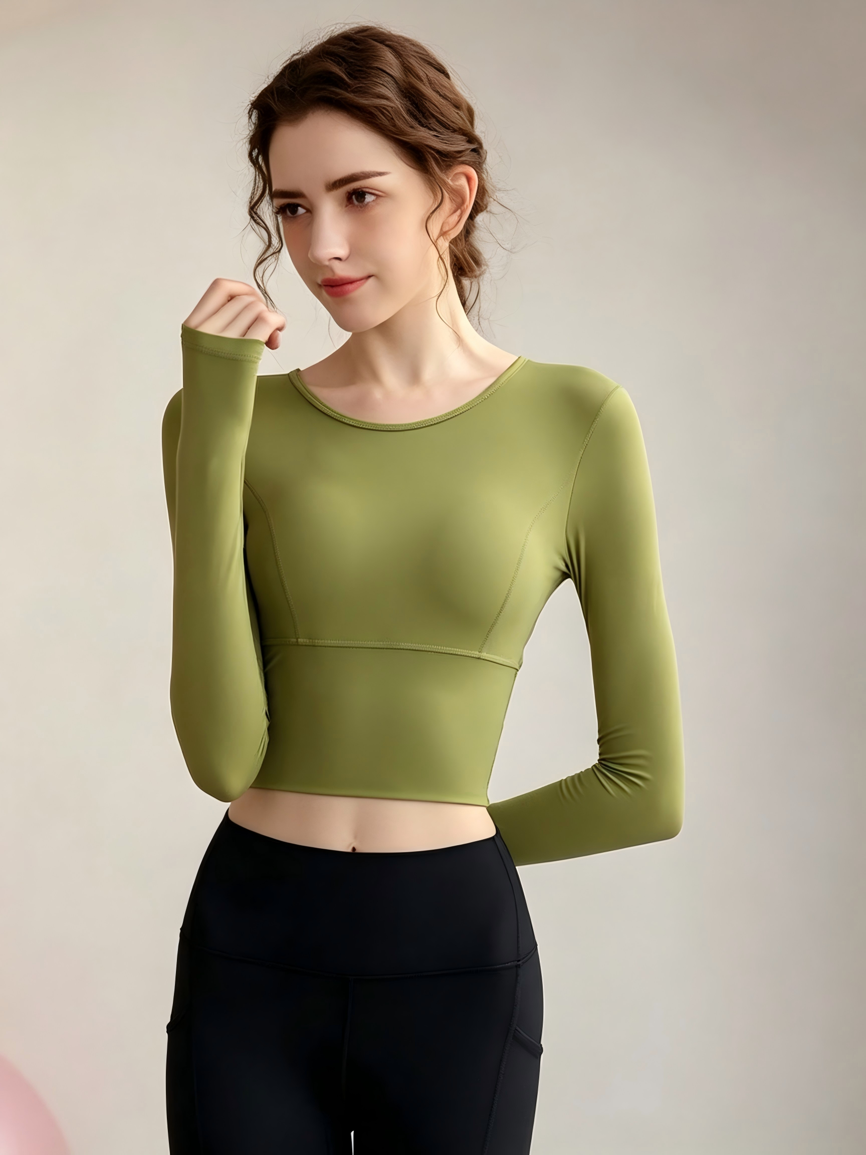 Green Long Sleeve Crop Top Activewear