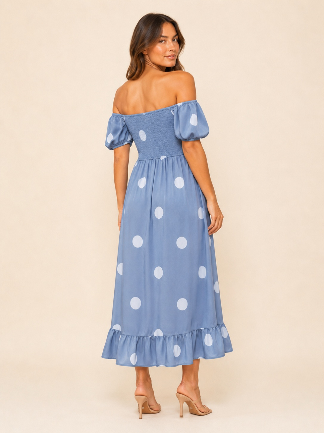 Blue Polka Dot Off Shoulder Neck Midi Dress