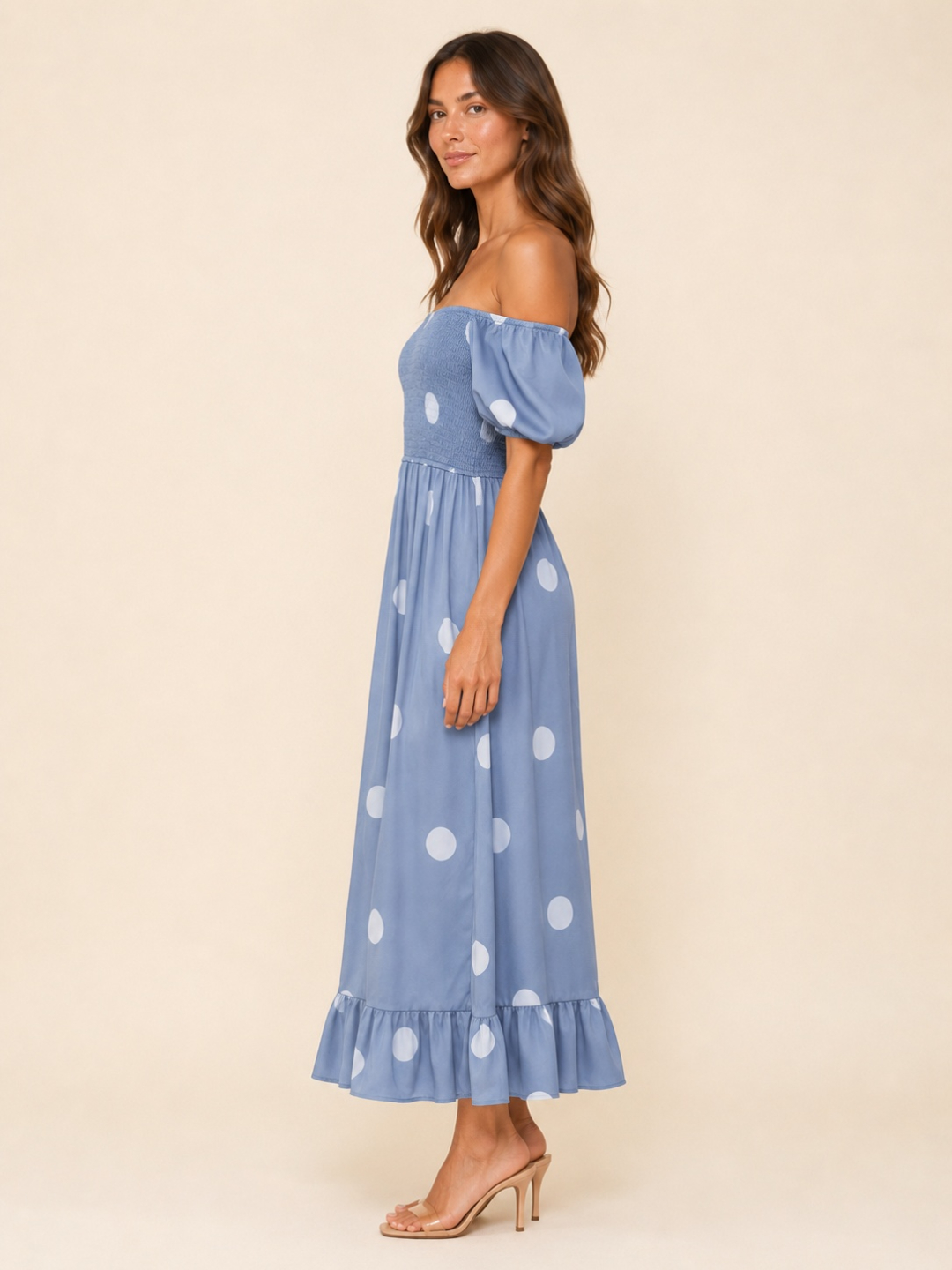 Blue Polka Dot Off Shoulder Neck Midi Dress