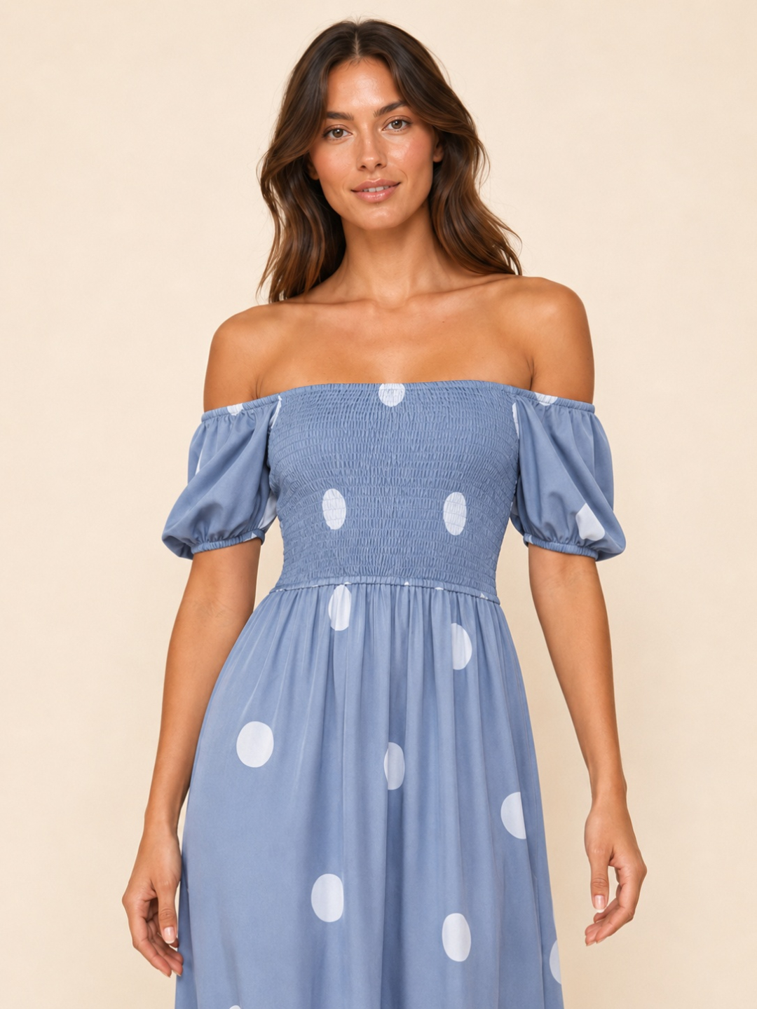 Blue Polka Dot Off Shoulder Neck Midi Dress