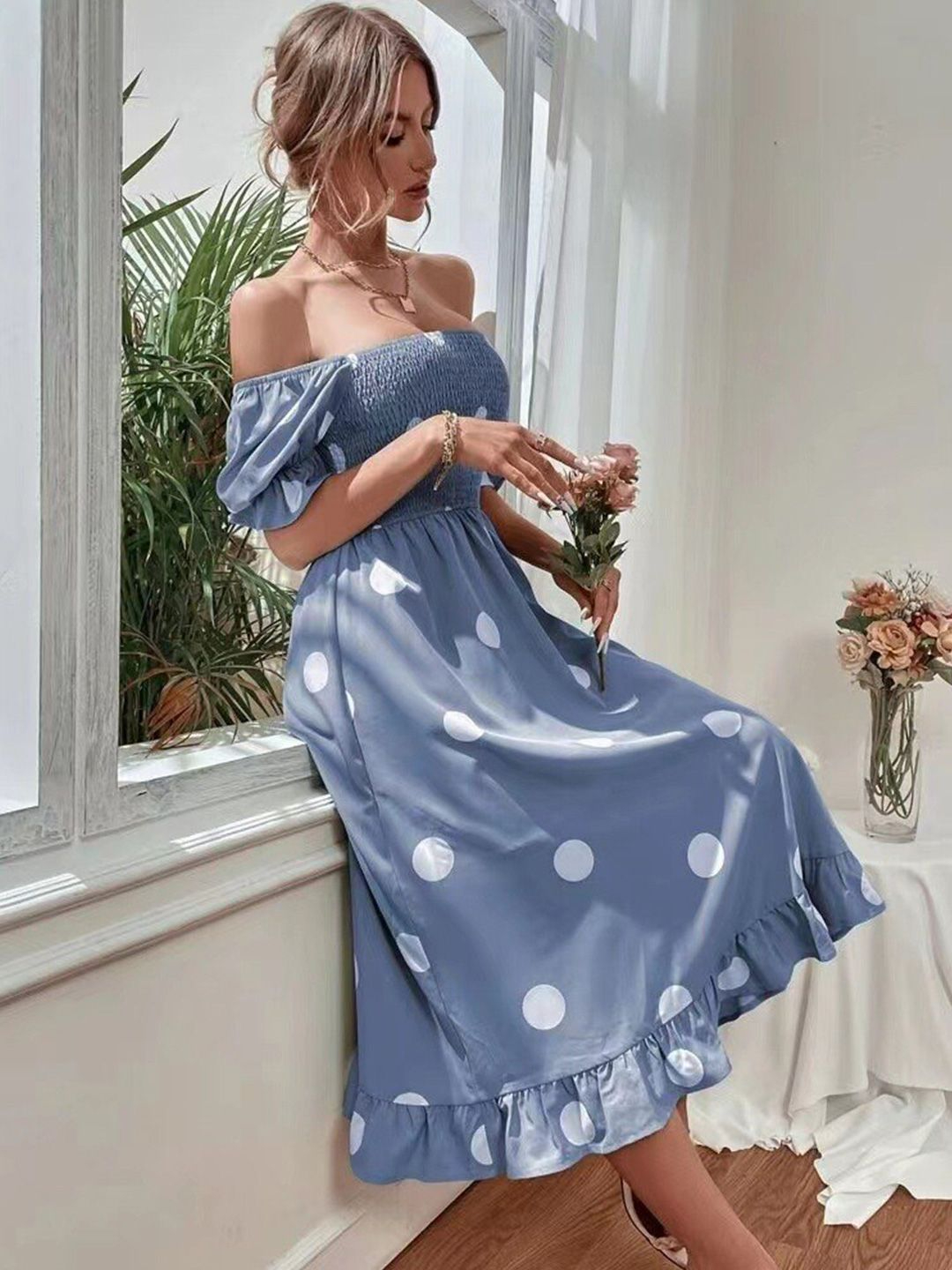 Blue Polka Dot Off Shoulder Neck Midi Dress
