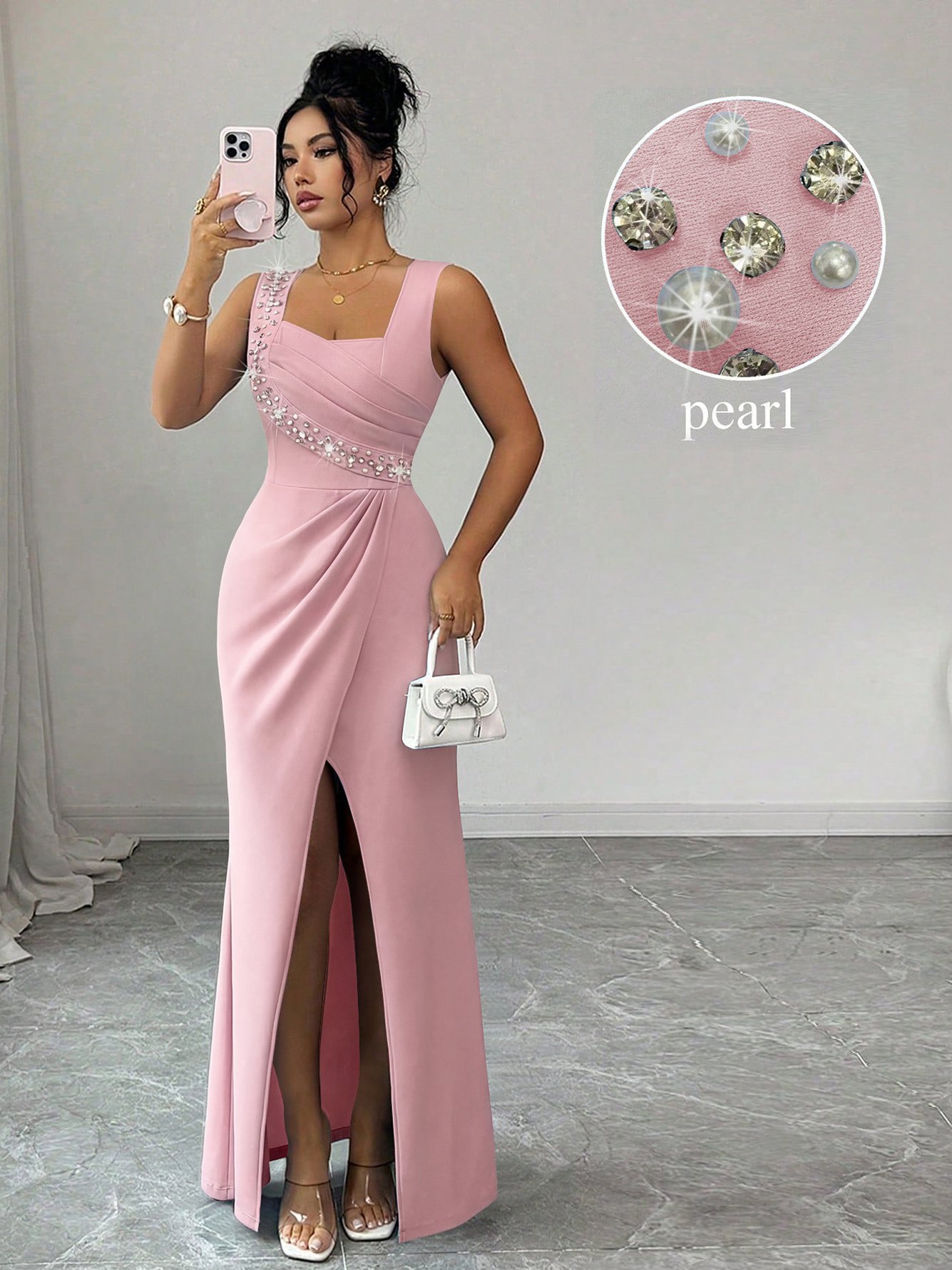 Light Pink Rhinestone Maxi Dress with Slit