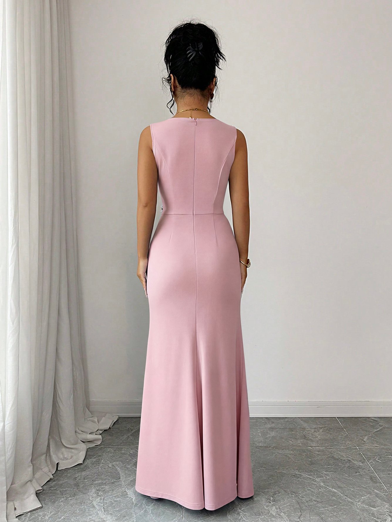 Light Pink Rhinestone Maxi Dress with Slit