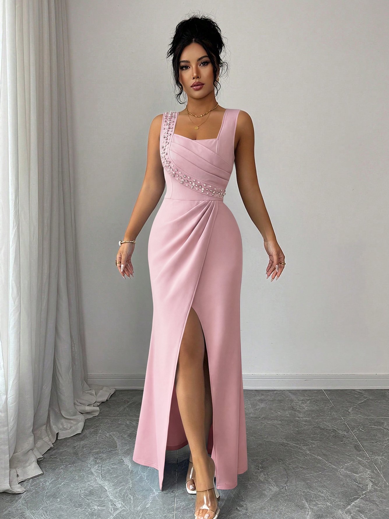 Light Pink Rhinestone Maxi Dress with Slit