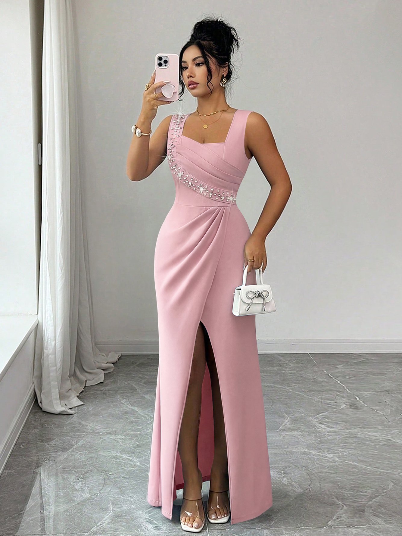 Light Pink Rhinestone Maxi Dress with Slit