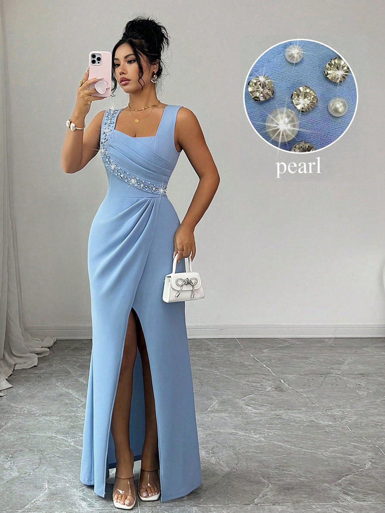 Blue Maxi Dress with Rhinestone Detail and Slit