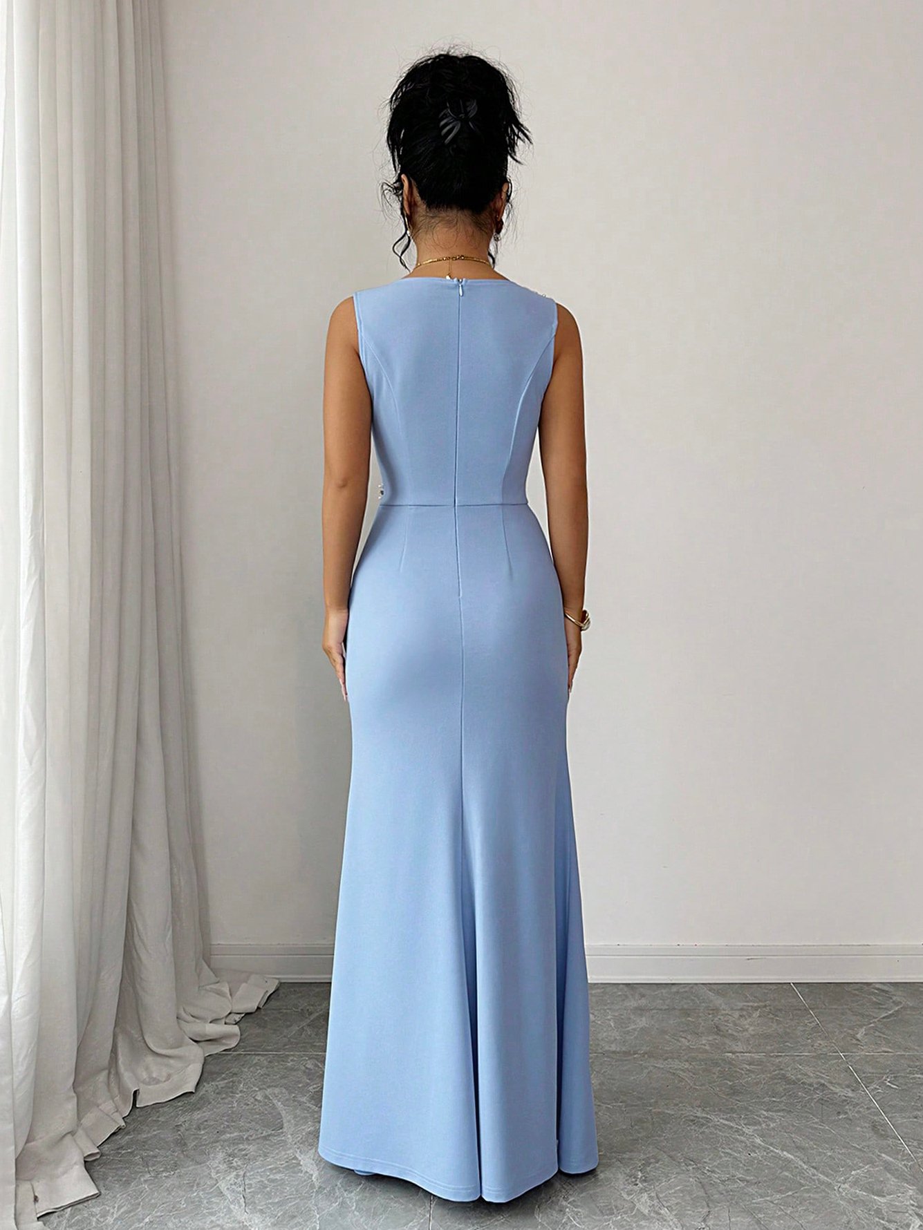 Blue Maxi Dress with Rhinestone Detail and Slit