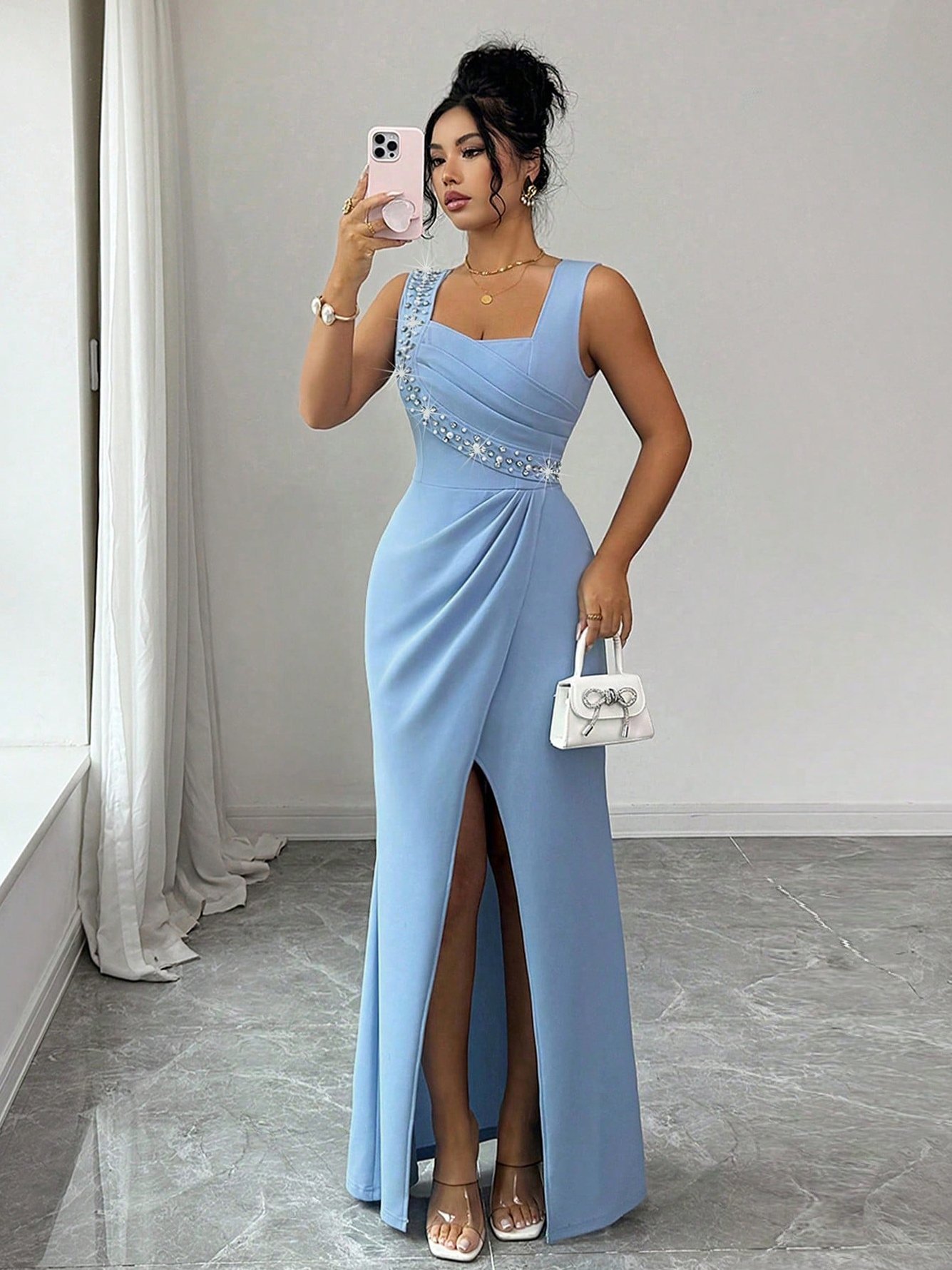 Blue Maxi Dress with Rhinestone Detail and Slit