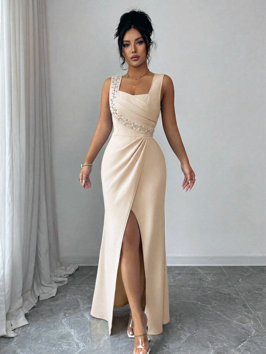 Beige Rhinestone Embellished Maxi Dress with Slit