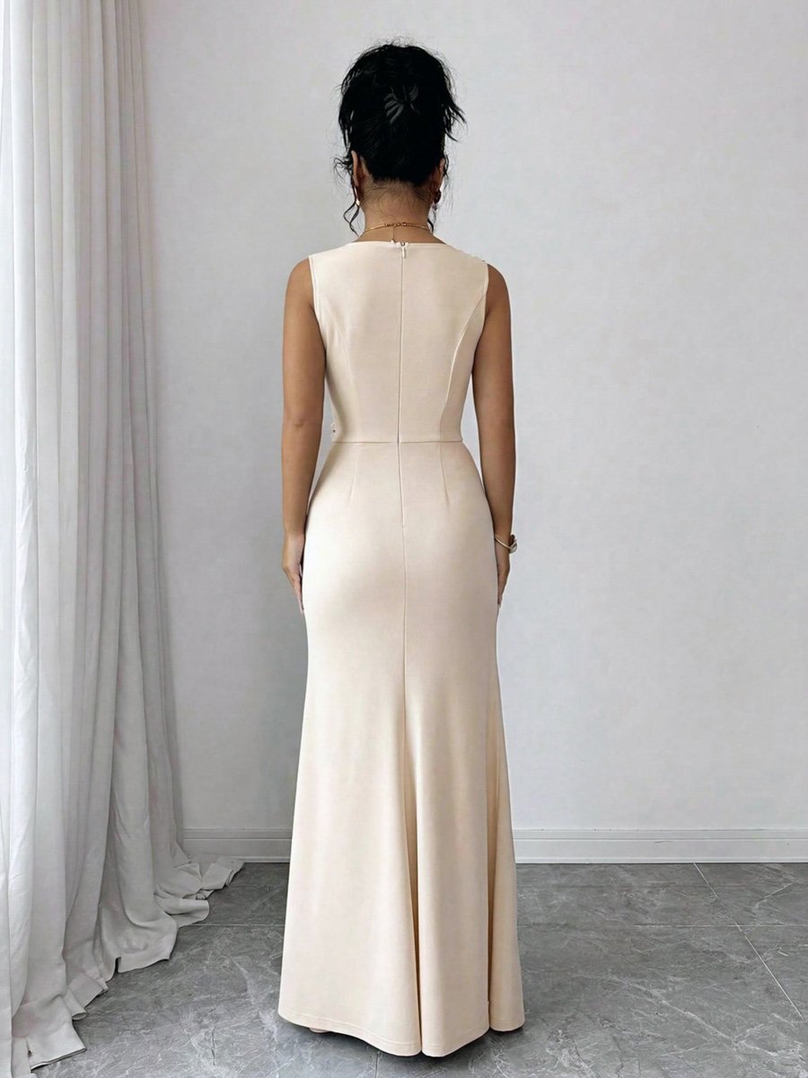Beige Rhinestone Embellished Maxi Dress with Slit