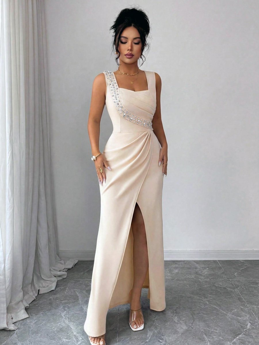 Beige Rhinestone Embellished Maxi Dress with Slit
