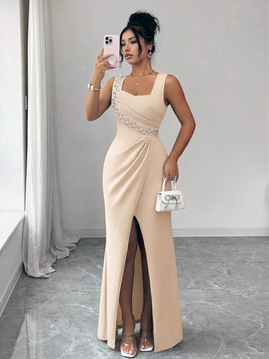 Beige Rhinestone Embellished Maxi Dress with Slit
