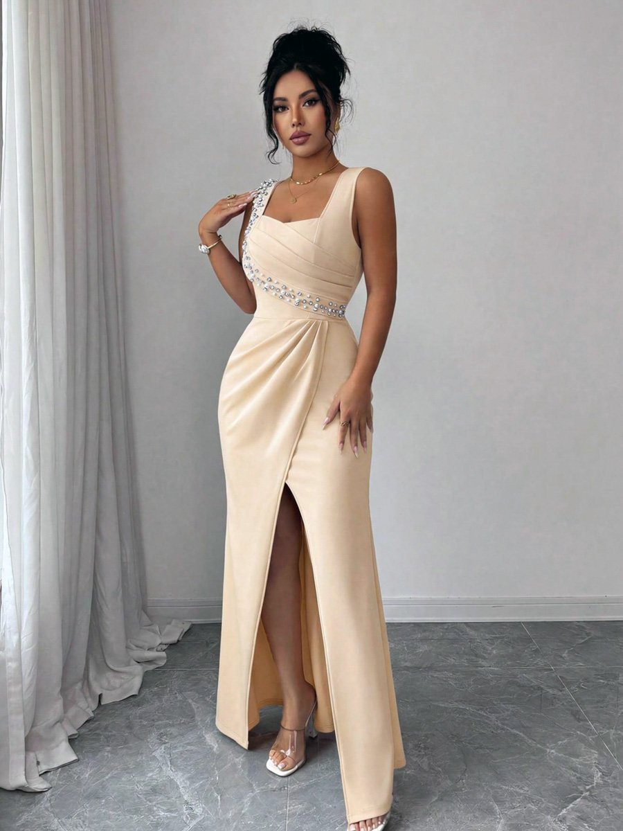 Beige Rhinestone Embellished Maxi Dress with Slit