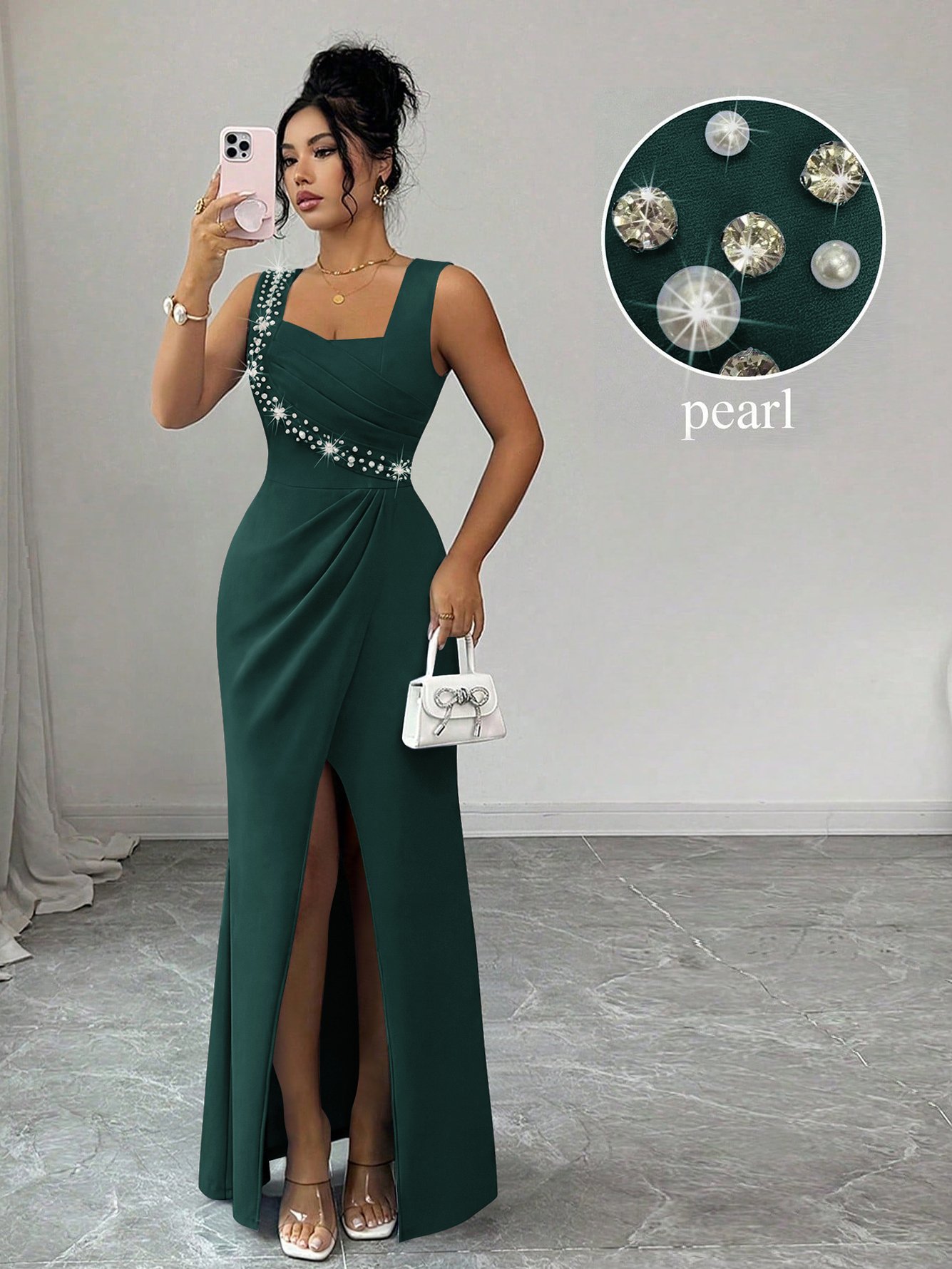 Green Sleeveless Embellished Maxi Dress with Slit
