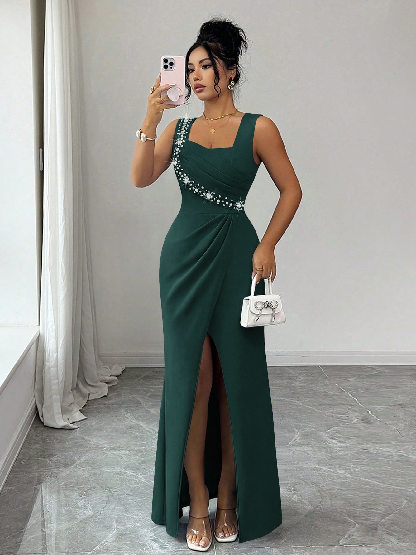 Green Sleeveless Embellished Maxi Dress with Slit