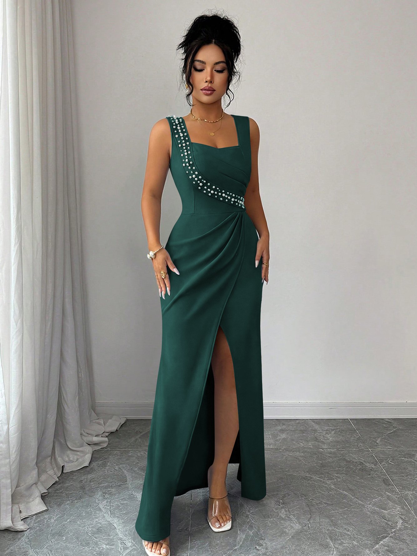 Green Sleeveless Embellished Maxi Dress with Slit