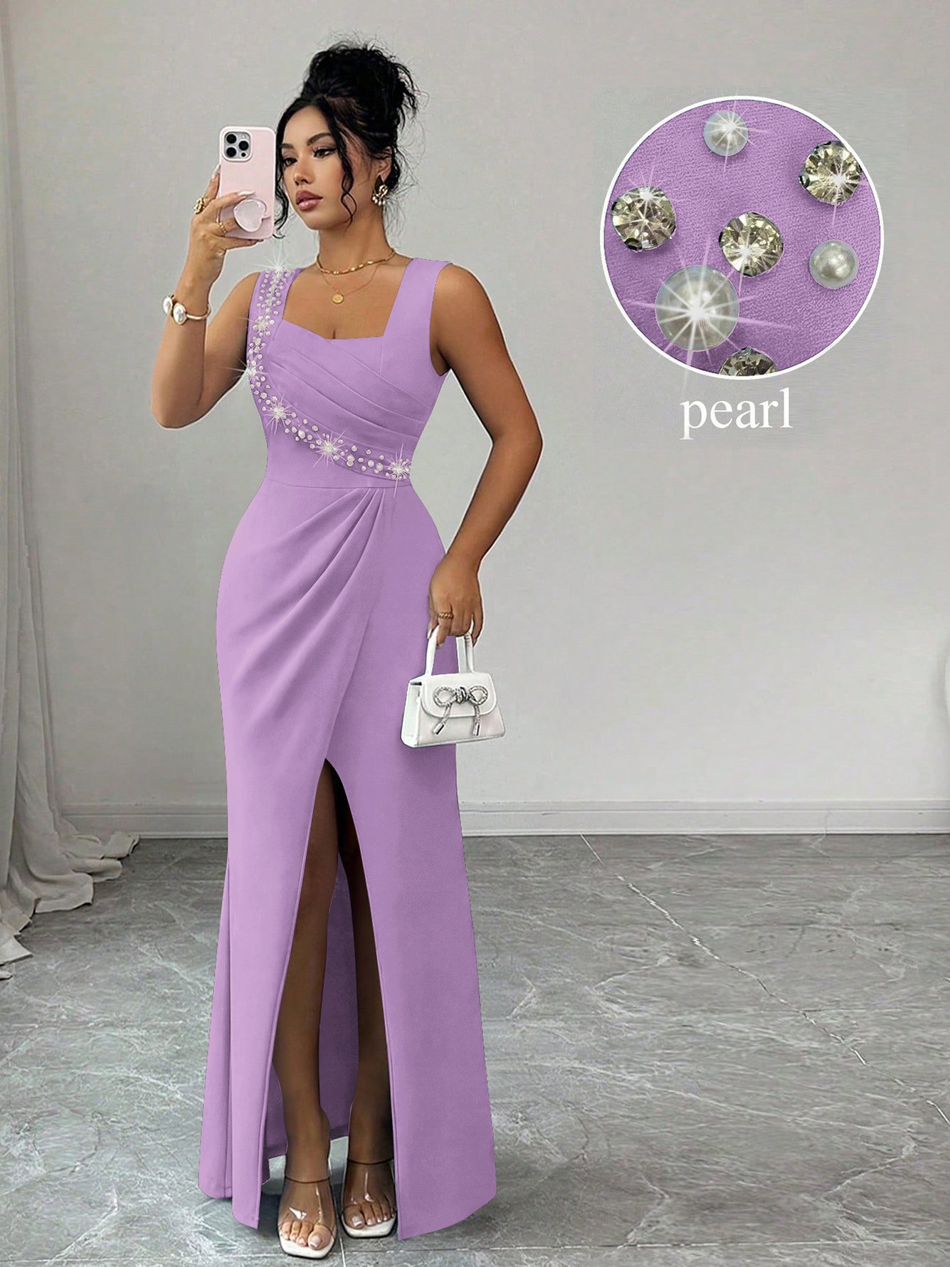 Lilac Ruched Maxi Dress with Embellished Detailing