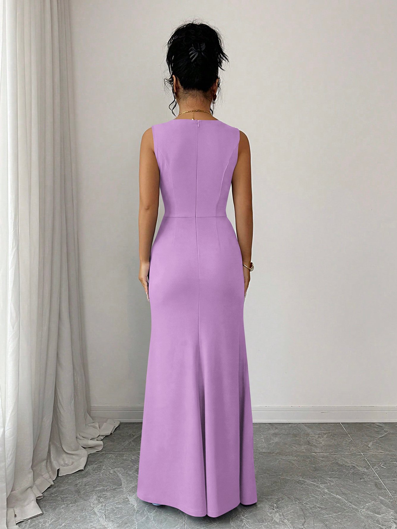 Lilac Ruched Maxi Dress with Embellished Detailing