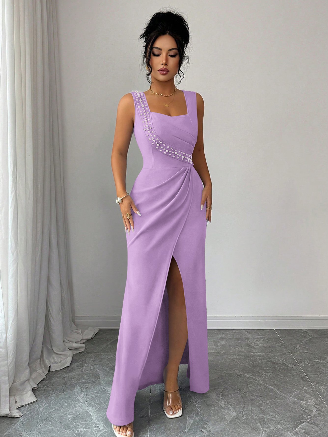 Lilac Ruched Maxi Dress with Embellished Detailing