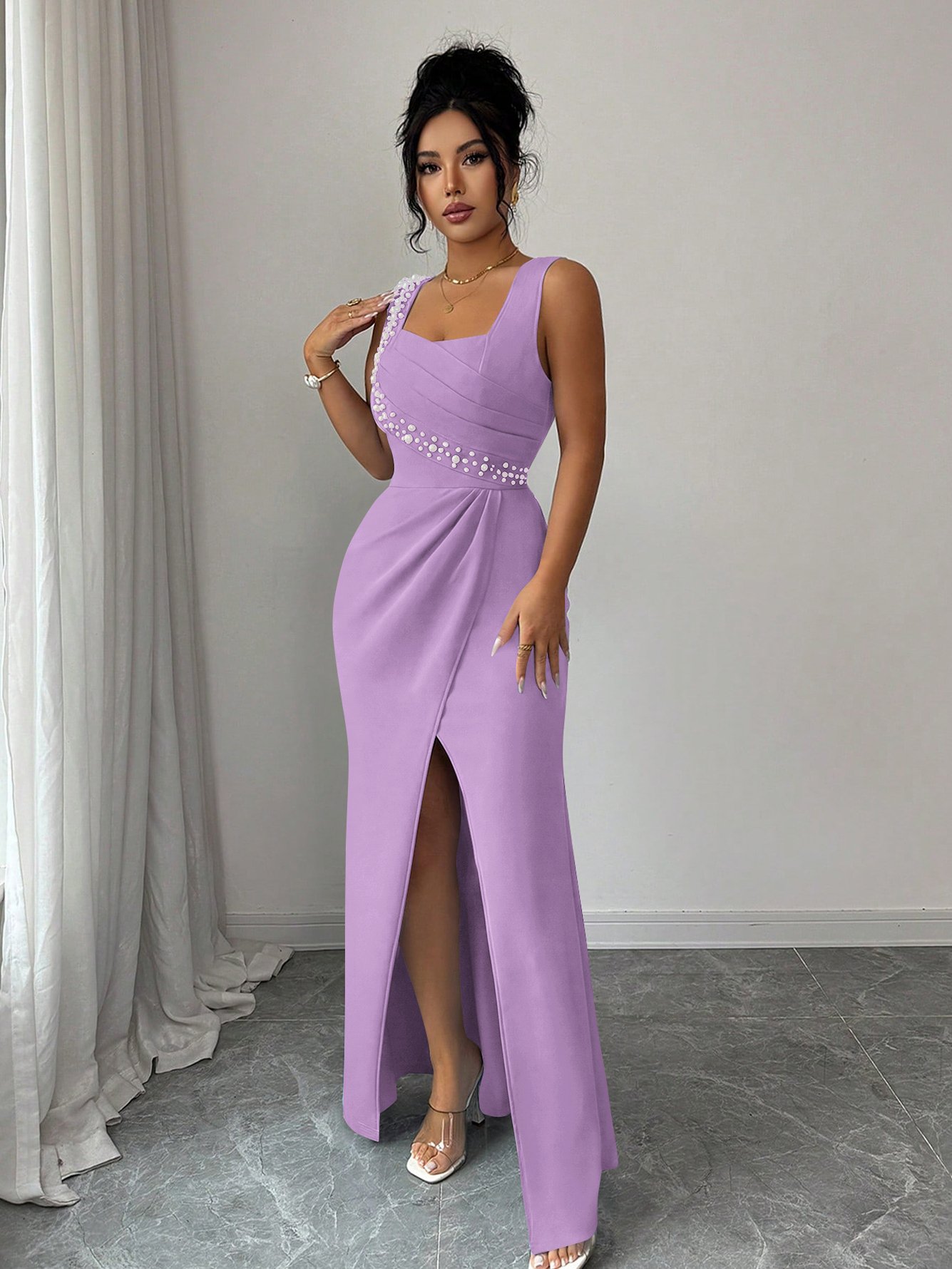 Lilac Ruched Maxi Dress with Embellished Detailing