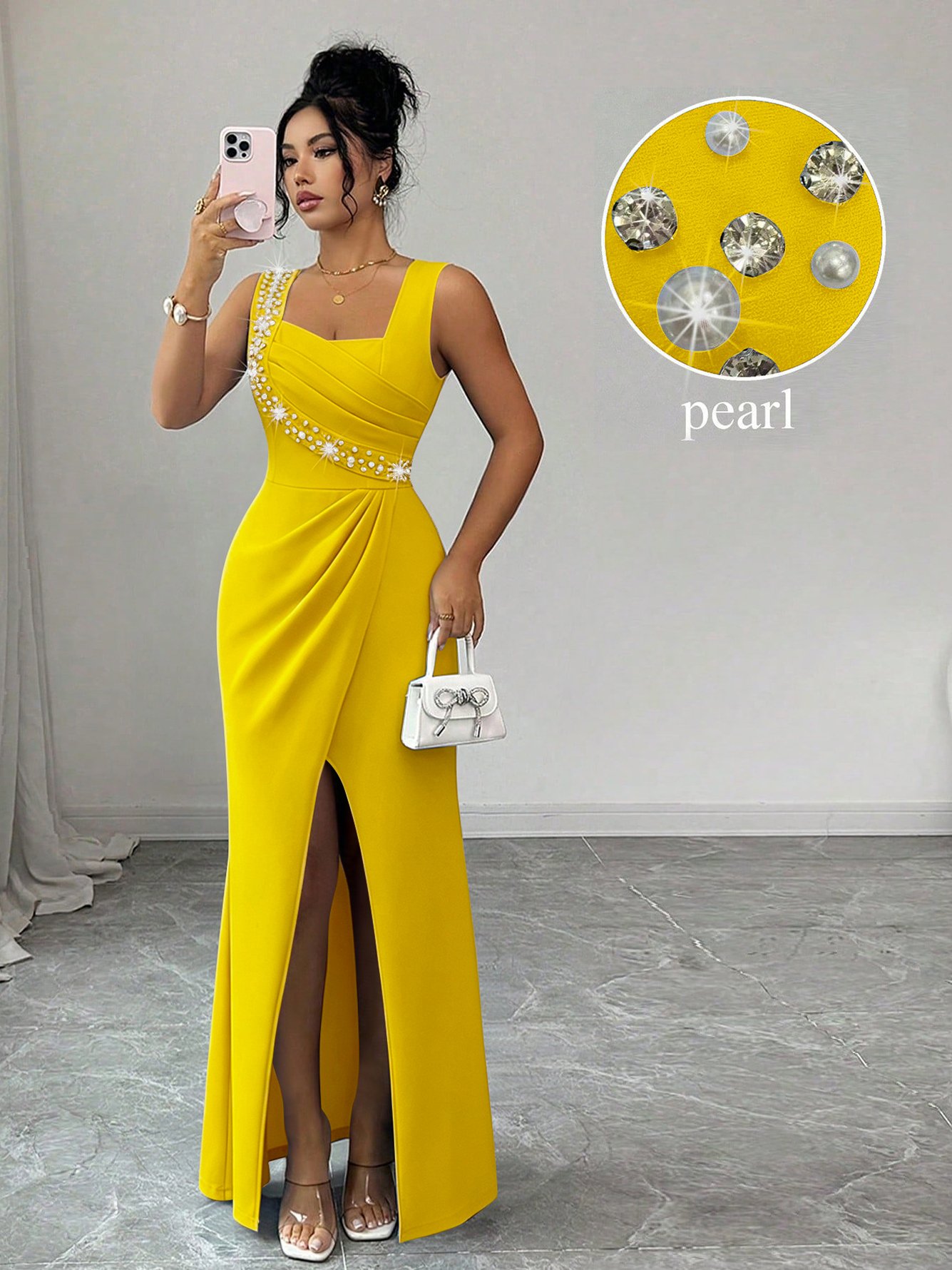 Yellow Maxi Dress with Rhinestone Embellishments and Slit