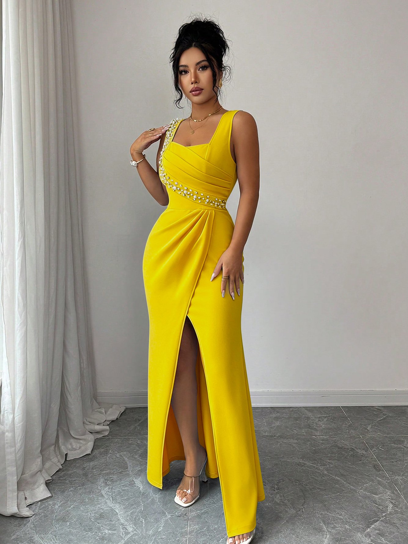 Yellow Maxi Dress with Rhinestone Embellishments and Slit