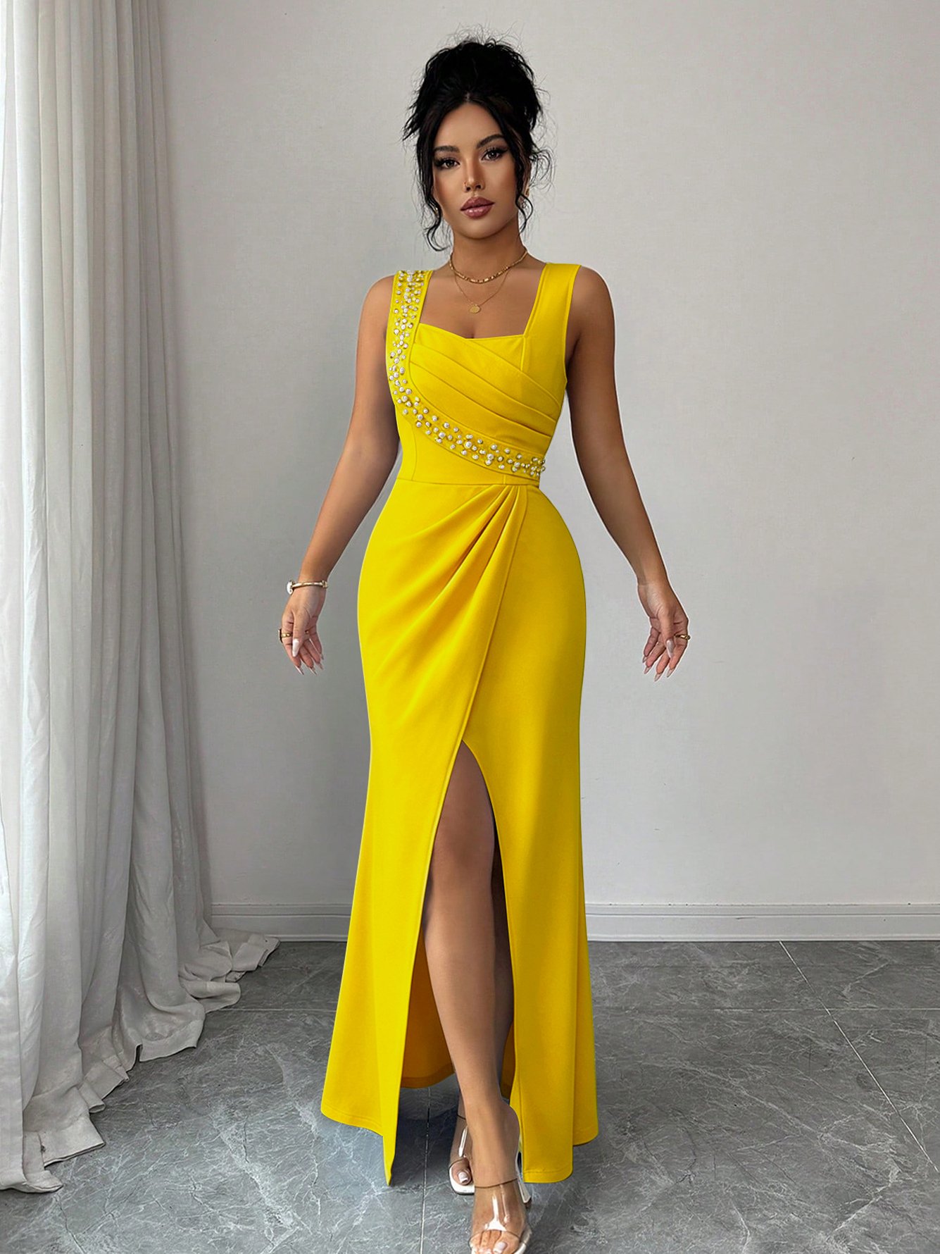 Yellow Maxi Dress with Rhinestone Embellishments and Slit