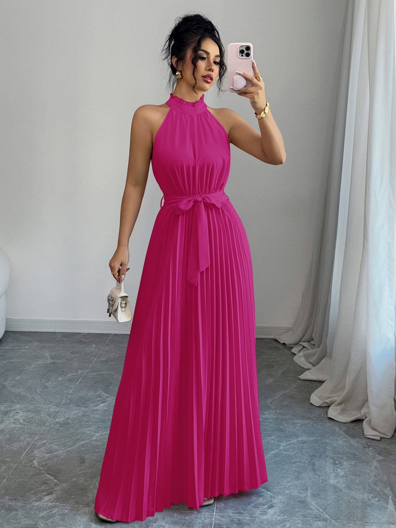 Pink Halter A-Line Maxi Dress