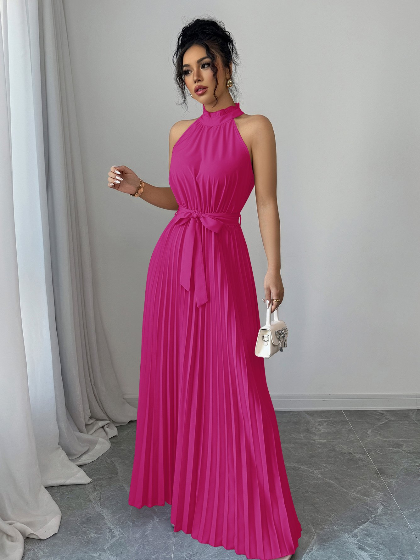 Pink Halter A-Line Maxi Dress