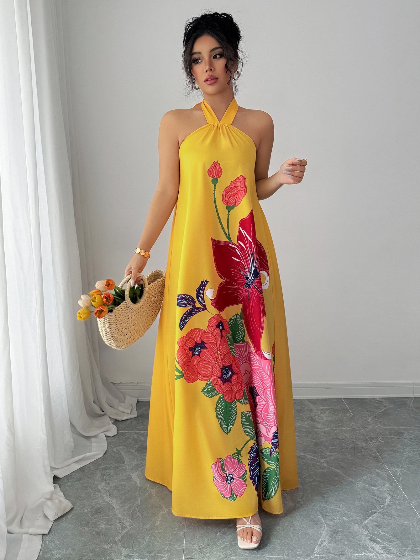 Yellow Halter Neck Floral Maxi Dress