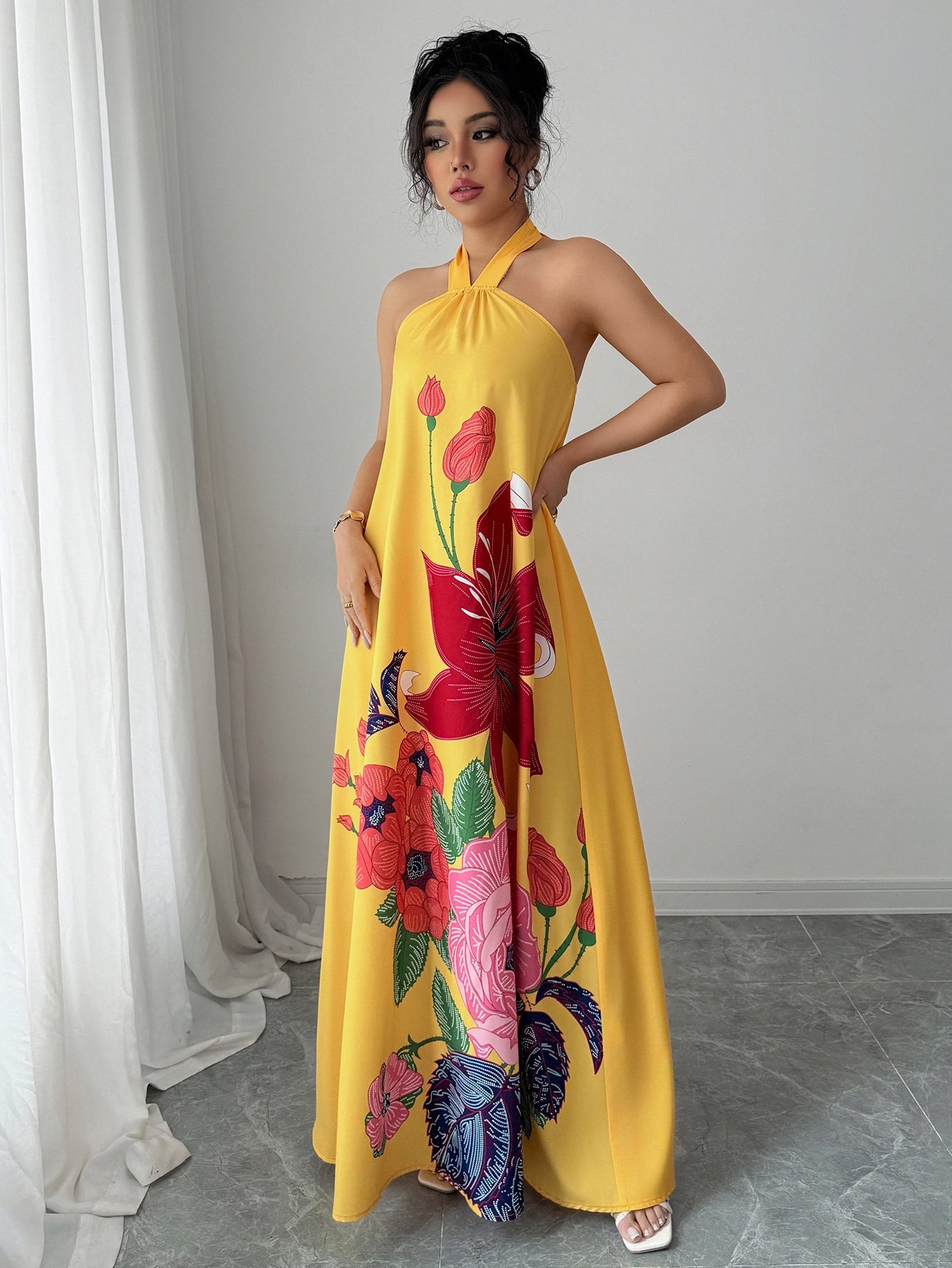 Yellow Halter Neck Floral Maxi Dress