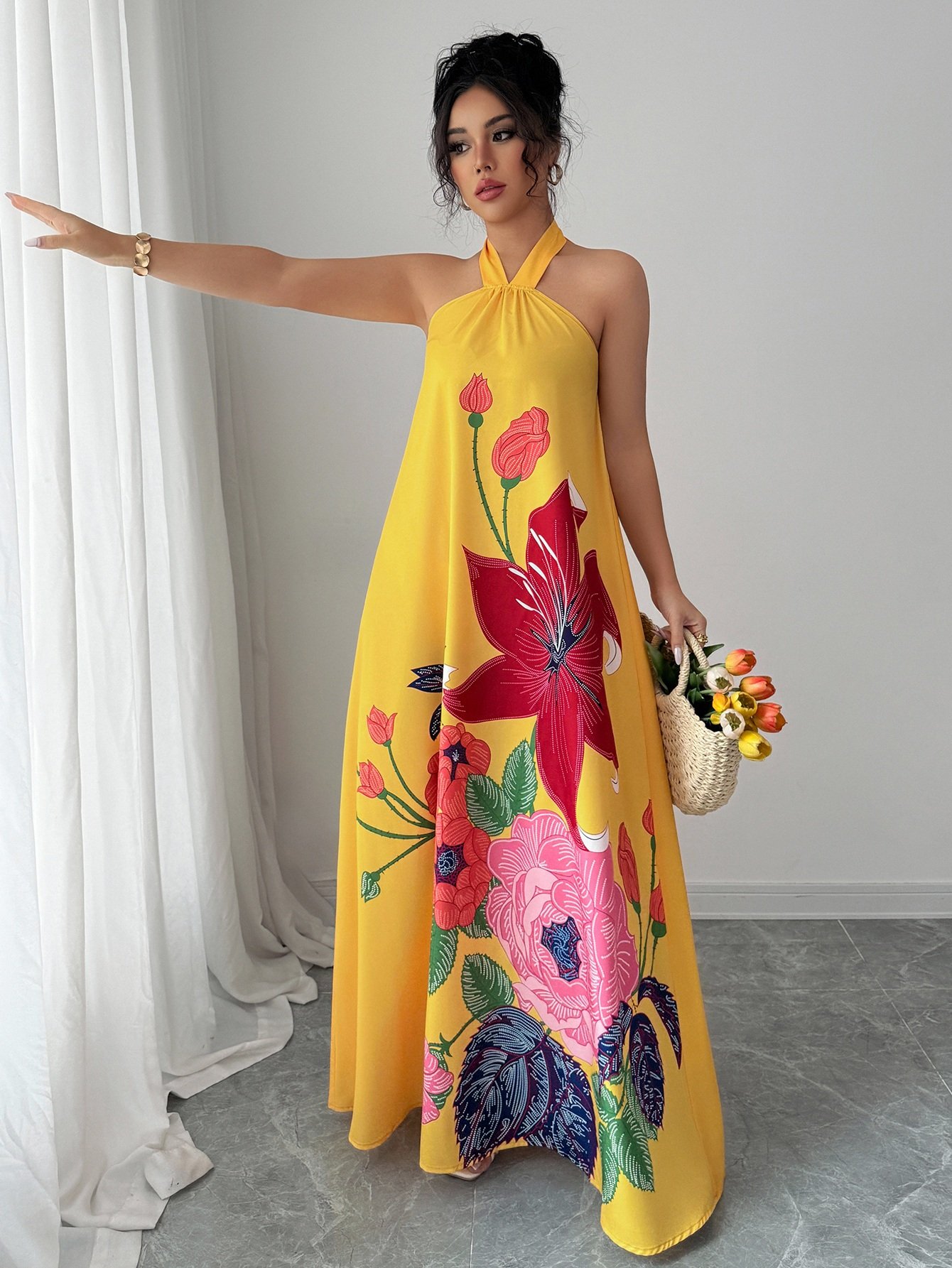 Yellow Halter Neck Floral Maxi Dress