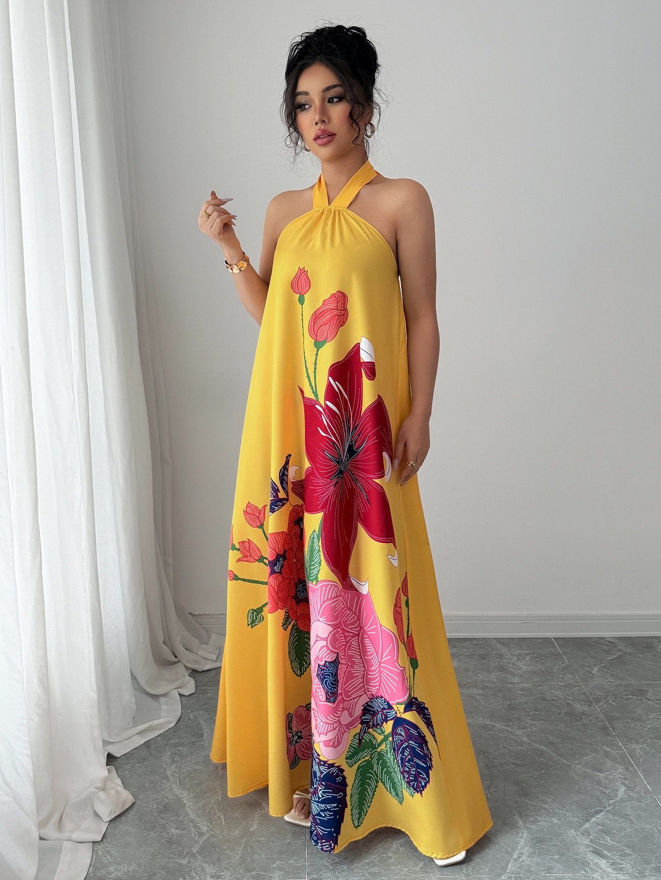 Yellow Halter Neck Floral Maxi Dress