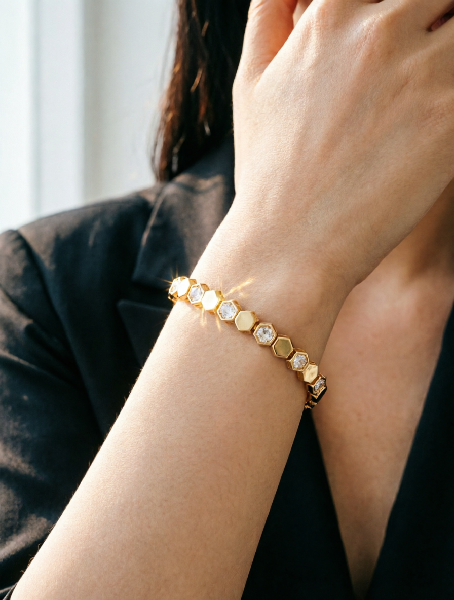 Gold Cubic Zirconia Honeycomb Bracelet