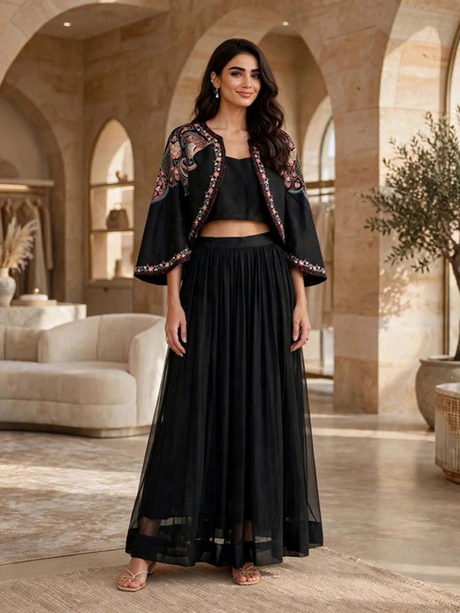 Black Embroidered Crop Top, Skirt and Jacket 3-Piece Set