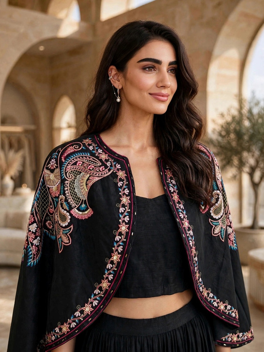 Black Embroidered Crop Top, Skirt and Jacket 3-Piece Set