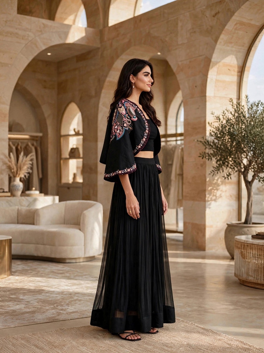 Black Embroidered Crop Top, Skirt and Jacket 3-Piece Set